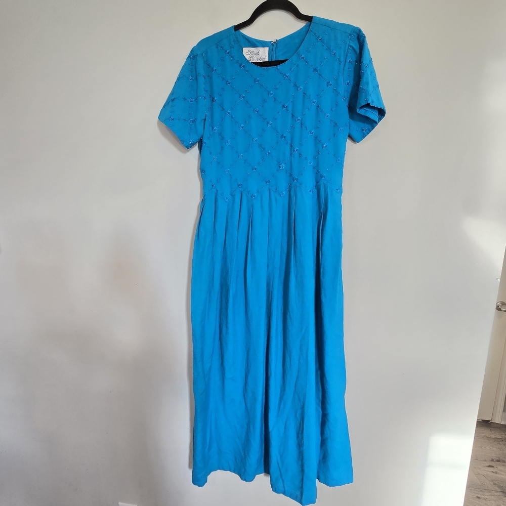 Sarah Elizabeth Short WomenSleeve Dress Teal Blue Sz 10 Round Neck‎ Vintage.D120